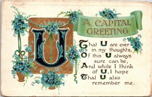 VINTAGE POSTCARD A CAPITAL U GREETING PRINTED IN GERMANY FOILED EMBOSS 1911