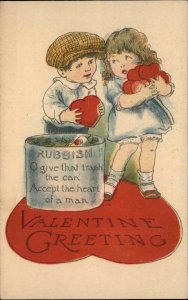 VALENTINE Little Girl & Boy w Trash Can PUN WORDPLAY c1910 Postcard