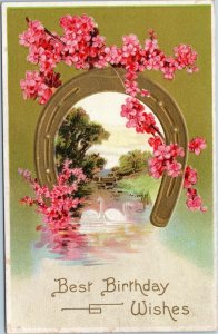Best Birthday Wishes horseshoe with flowers and swans in river postcard
