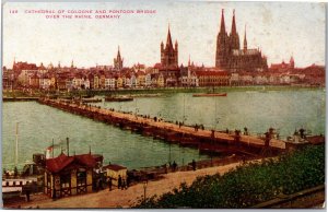 Postcard Germany Cathedral of Cologne and Pontoon Bridge over the Rhine