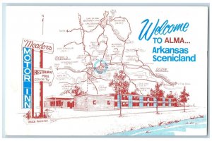 c1960's Meadors Motor Inn Restaurant Map Alma Arkansas AR Vintage Postcard