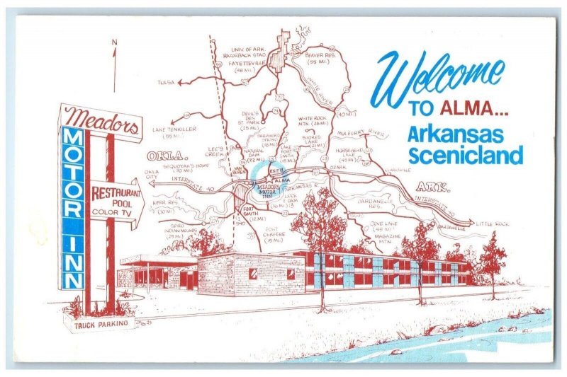 c1960's Meadors Motor Inn Restaurant Map Alma Arkansas AR Vintage Postcard