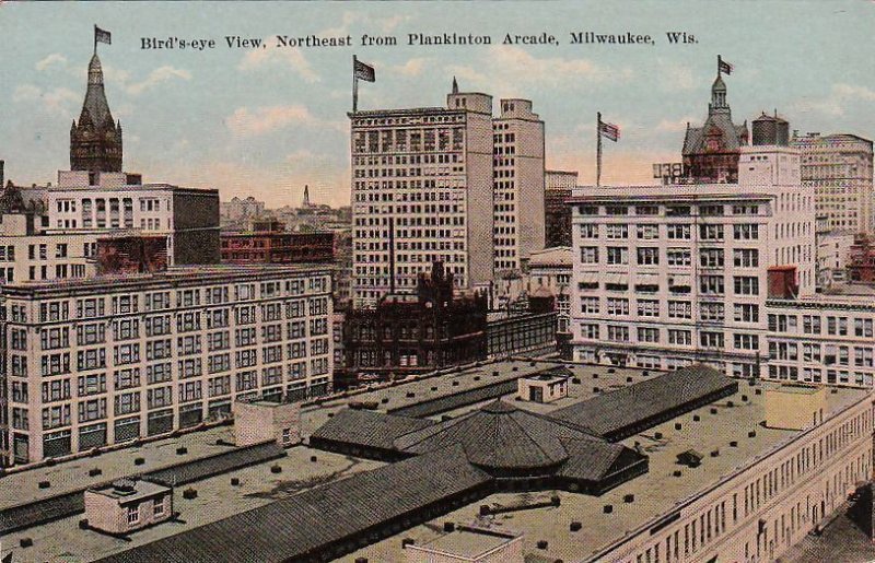 Postcard Bird's Eye View Northeast from Plankinton Arcade Milwaukee WI