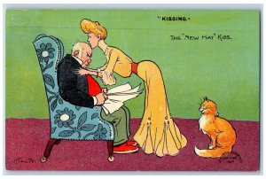 Tom Browne Artist Signed Postcard Woman Kissing Old Man Cat The New Hat Kiss