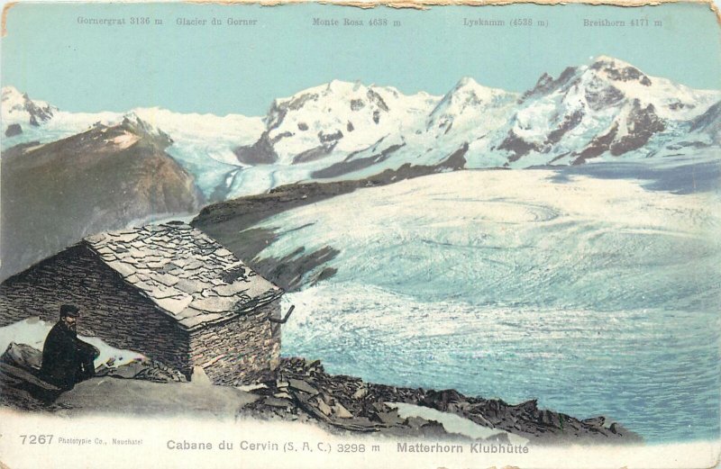 Postcard Switzerland Cabane du cervin 3298m matterhorn klubhutte monte rosa peak