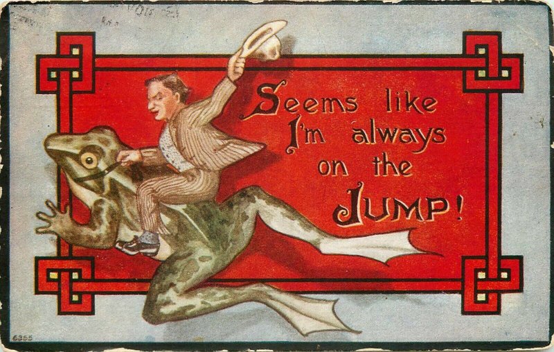 c1909 Postcard; Man Riding a Frog, Seems I'm Always on the Jump! Posted