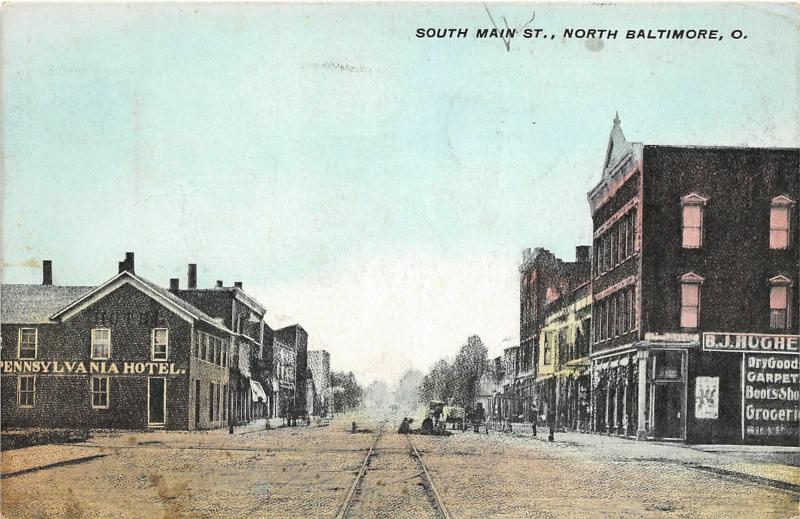 F27/ North Baltimore Ohio Postcard 1915 South Main Street Hotel Stores