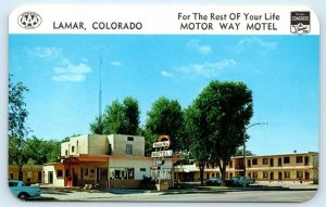 LAMAR, CO Colorado ~ Roadside MOTOR WAY MOTEL c1950s Cars Highway 50 Postcard