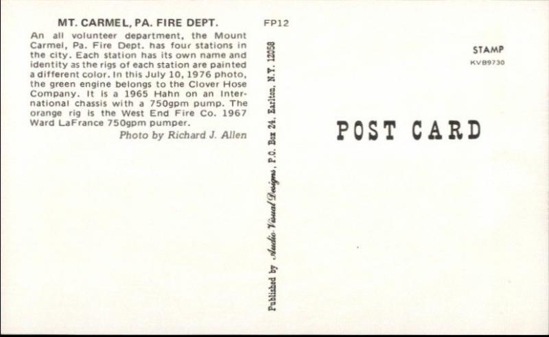 Mt. Carmel PA Fire Dept Trucks etc Postcard