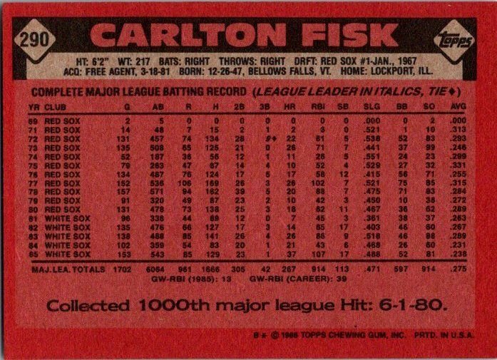 1986 Topps Baseball Card Carlton Fisk Chicago White Sox sk2603