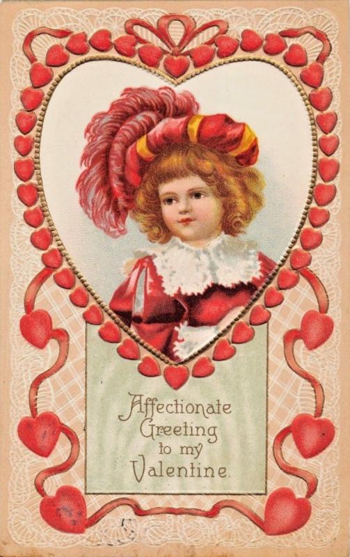 AFFECTIONATE GREETING TO MY VALENTINE-CUTE LITTLE GIRL IN RED-EMBOSSED POSTCARD