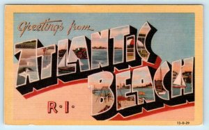 Large Letter Linen ATLANTIC BEACH, Rhode Island RI ~ Dexter Press 1940s Postcard