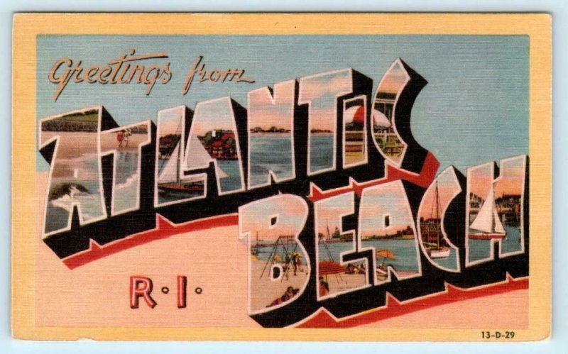 Large Letter Linen ATLANTIC BEACH, Rhode Island RI ~ Dexter Press 1940s Postcard