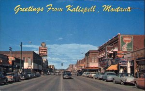 Kalispell Montana MT Greetings Classic 1950s Cars Street Scene Vintage PC