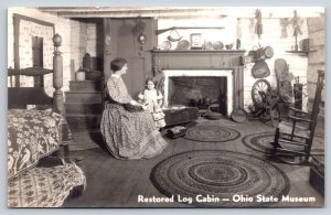 RPPC~Ohio~State Museum~Restored Log Cabin Interior~Fireplace~1940s Postcard