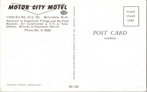 Motor City Motel Dix Rd US 25 Melvindale Michigan Greenfield Village Postcard 