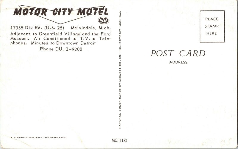 Motor City Motel Dix Rd US 25 Melvindale Michigan Greenfield Village Postcard 