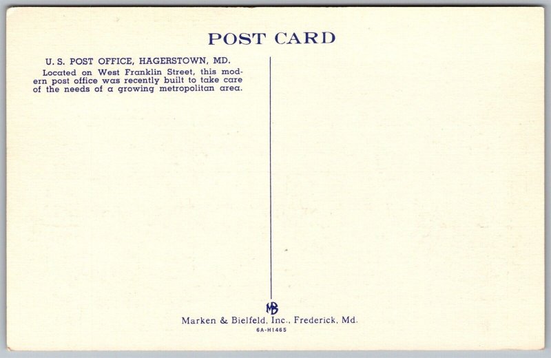 Vtg Hagerstown Maryland MD US Post Office 1930s View Old Linen Card Postcard