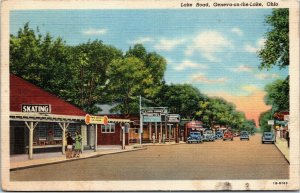 postcard Genevea-on-the-Lake Ohio - Lake Road - skating rink, hotel, old cars