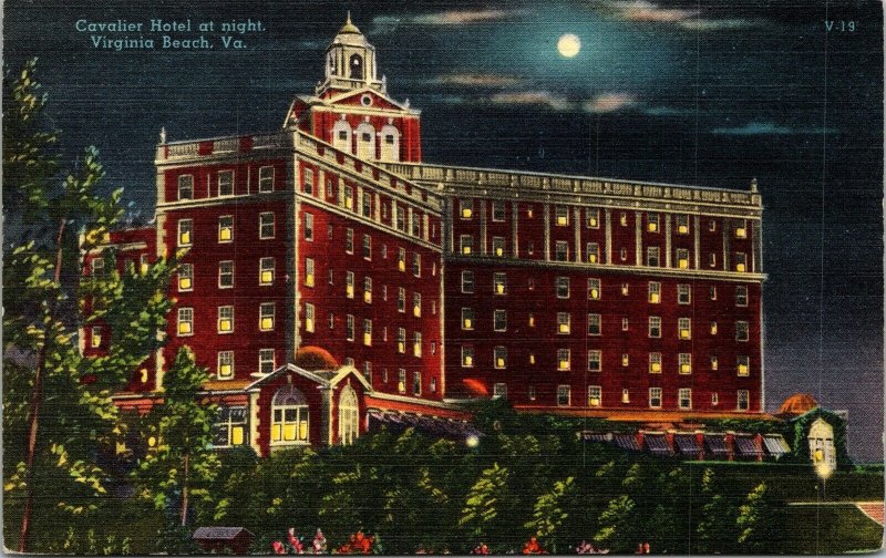 Cavalier Hotel Night Virginia Beach VA Moon Linen Postcard Tichnor UNP Unused 