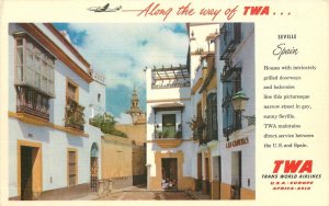 Postcard 1940s TWA Airline advertising Seville Spain transportation 23-11153