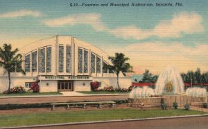 Vintage Postcard Fountain And Municipal Auditorium Civic Center Sarasota Florida