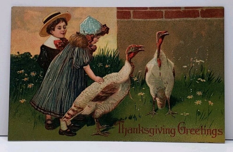 Thanksgiving Greeting Victorian Children with Turkeys or Pheasants Postcard F16