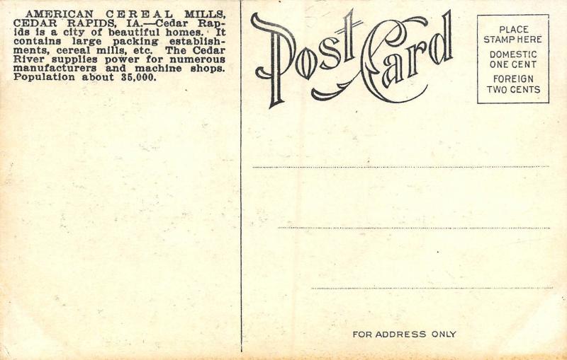 Cedar Rapids Iowa c1910 Postcard American Cereal Mills