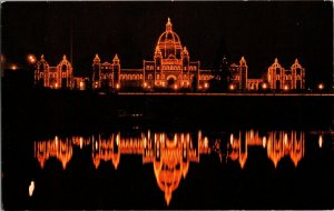 Vintage Postcard Parliament Buildings At Night Victoria BC Canada