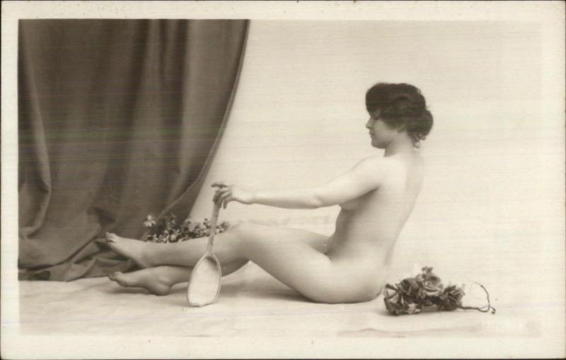 Nude Photography - Woman Holding Mirror c1915 Real Photo Postcard