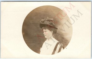 c1910s Lovely Edwardian Girl RPPC Cute Bird Wing Hat Millinery Woman Photo A161