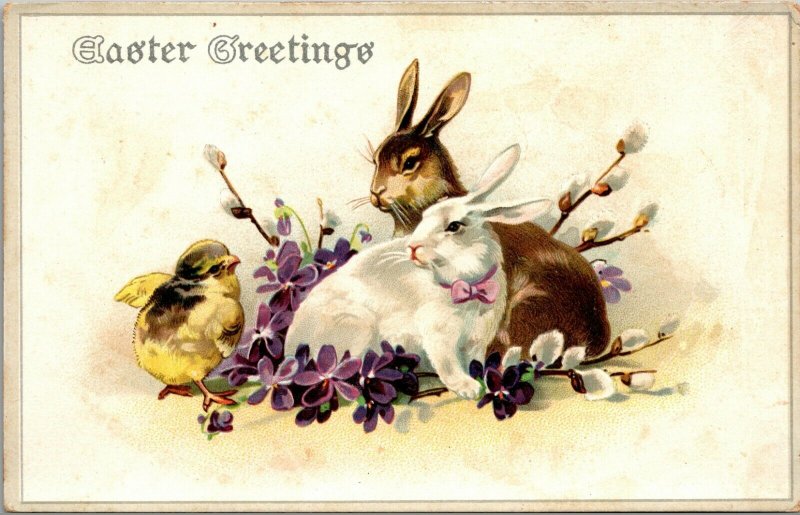 EASTER Greetings, Chick and RABBIT BUNNY - FLOWERS - PC - POSTCARD