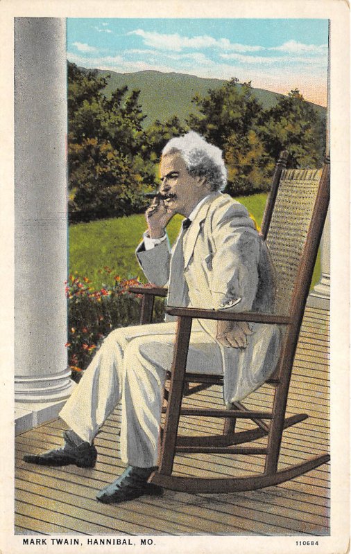 Hannibal Missouri 1920s Postcard Mark Twain Smoking Cigar on Rocker