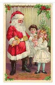 Greeting - Christmas. Santa Claus in Red Coat & Brown Pants