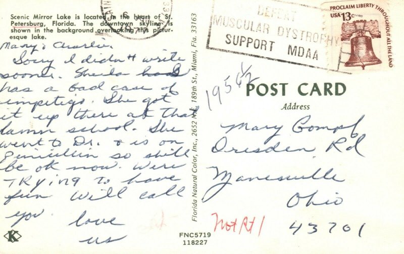 Vintage Postcard Scenic Mirror Lake Downtown Skyline St. Petersburg