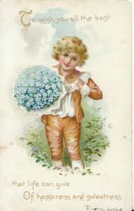 Children Postcard - Best Wishes Message From Child Holding Flowers - Ref TZ5517