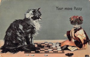 Comical 1907 Doll playing English Checkers with Cat vintage postcard