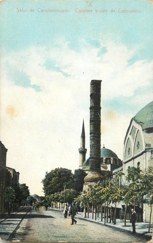 Turkey Istanbul column of Constantine mosque minaret old postcard