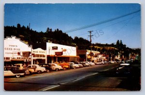 K1/ Garberville California Postcard Chrome Stores Restaurants Cars 242