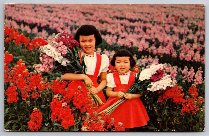 Two Little Girls Valley Of The Sun Stocks Flowers Arizona AZ Postcard L12