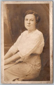 c1910 RPPC Real Photo Postcard Young Woman White Blouse And Skirt