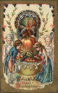 Thanksgiving Patriotic Children Admire Feast c1910 Vintage Postcard