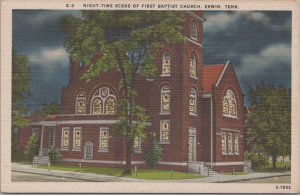 Postcard Night Time Scene First Baptist Church Erwin TN