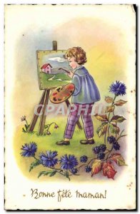 Postcard Old Child Painter Happy Mother feast