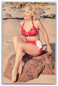 Bathing Beauty Red Swimsuit At The Beach Sitting Rock Italy Vintage Postcard
