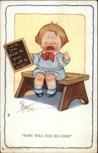 Wiederseim - Crying Little Boy w/ Blackboard c1910 Postcard