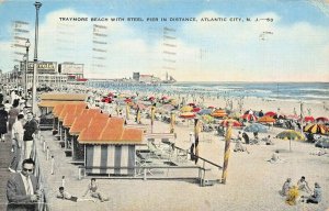 ATLANTIC CITY NJ~TRAYMORE BEACH WITH STEEL PIER IN DISTANCE- 1942 PMK POSTCARD