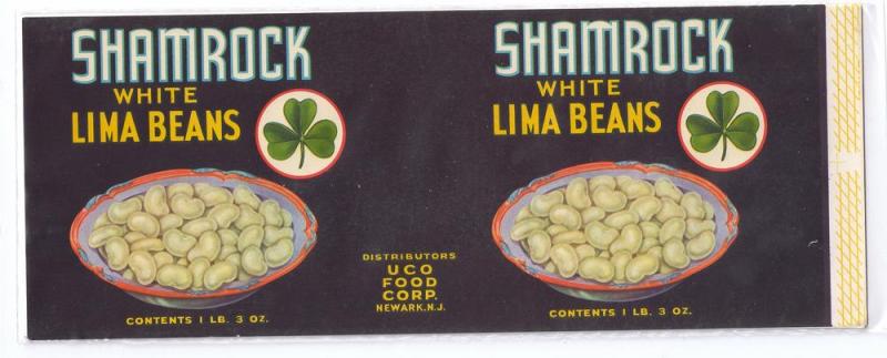 Shamrock White Lima Beans Newark NJ Vintage Can Label