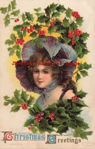 Christmas, M.W. Taggart No 302, Woman Wearing Purple Hat in Holly with Berries