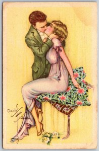 Vtg Artist Signed Charles Fisher Art Deco Fashion Love Romance Couple Postcard